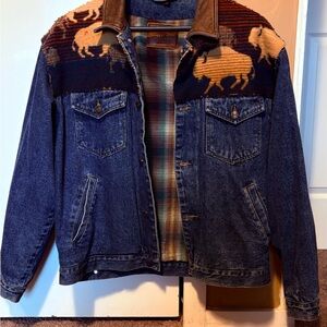 Denim Jacket with Leather Collar and Pendleton buffalo blanket